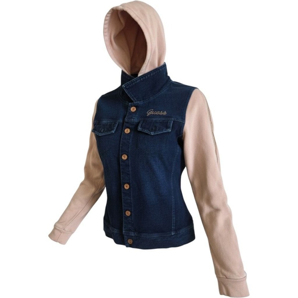 Guess Hooded Denim Jacket 14 Blue Pink Rhinestone Logo Hybrid Mixed Media Coat